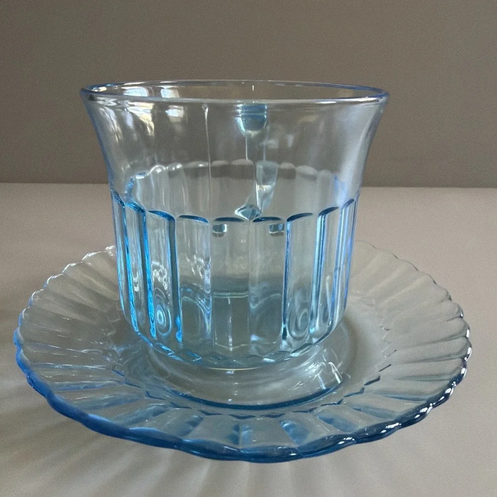 Vintage 1980s Fortecrisa Mexico Ice Azure Blue Glass Coffee Tea Cup & Saucer 8oz